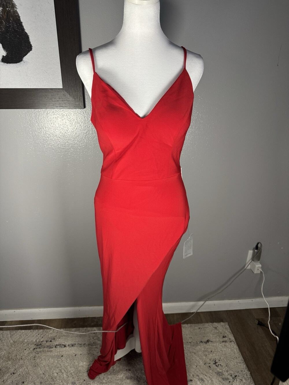 Xscape Vibrant Red Maxi-length Silhouette Dress Leg Slit Open Back Womens Size 8